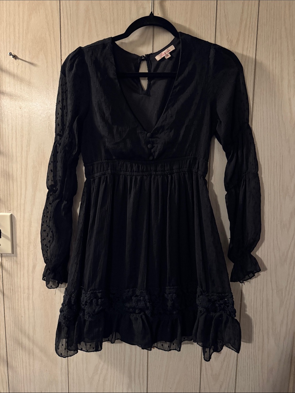 Vintage Black Long Sleeve Mini Dress with Ruffle Crochet Hem
